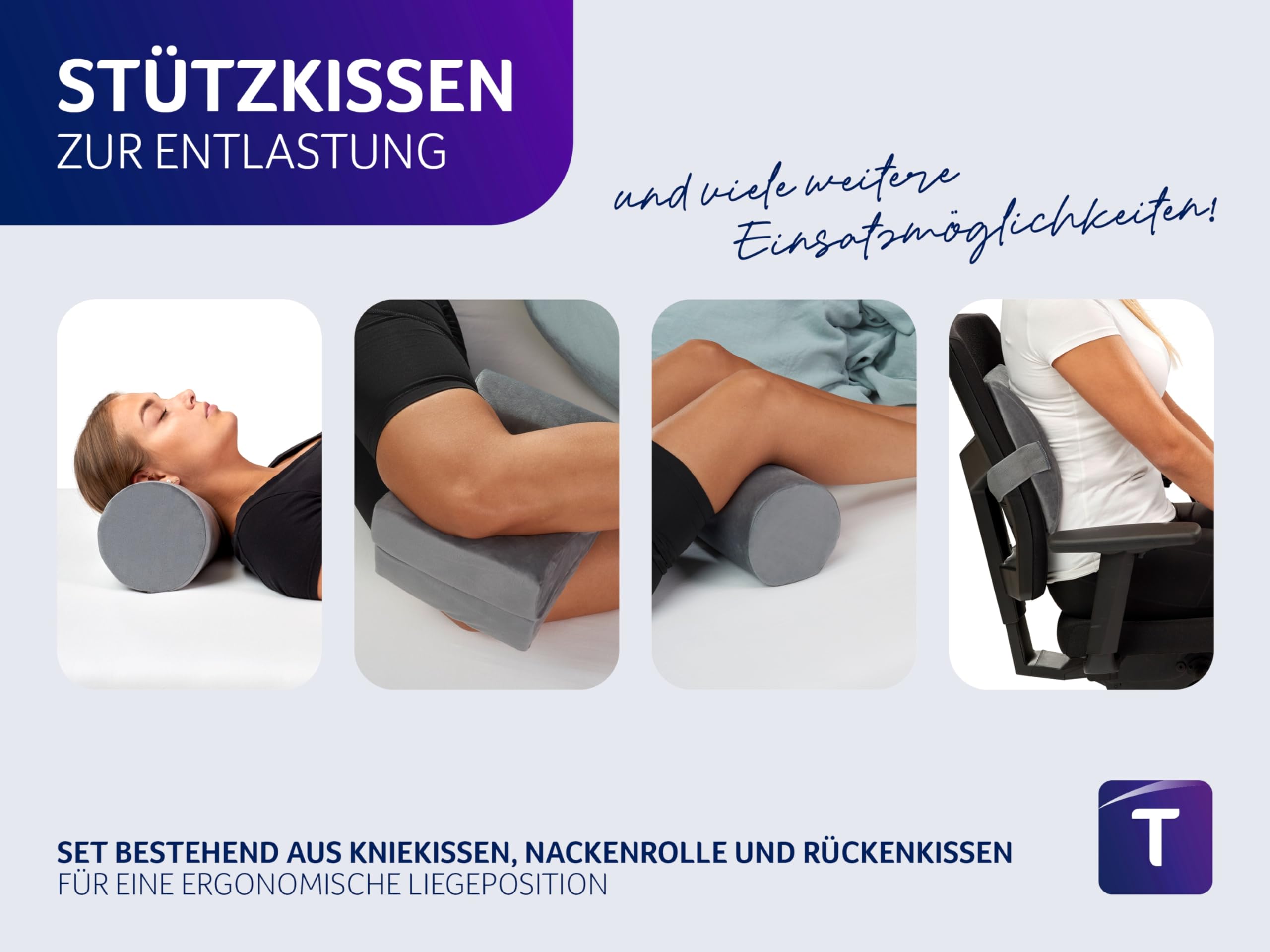 Traumnacht Orthopädisches Stütz- und Entspannungskissen Set mit Kniekissen Nackenrolle Rückenkissen Öko-Tex zertifiziert