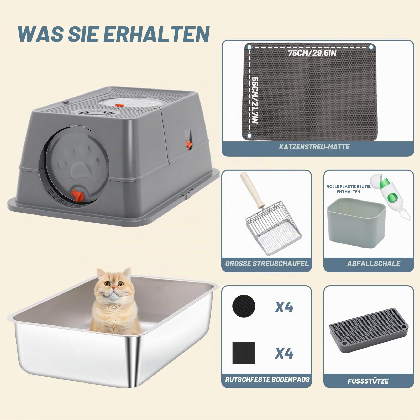 Katzenklo Edelstahl mit Deckel, XXL Katzenklo Große Katzentoilette Edelstahl aus für Große Katzen mit Hohem Rand, Metal Cat Litter Box, Nicht Klebrig (Grau)