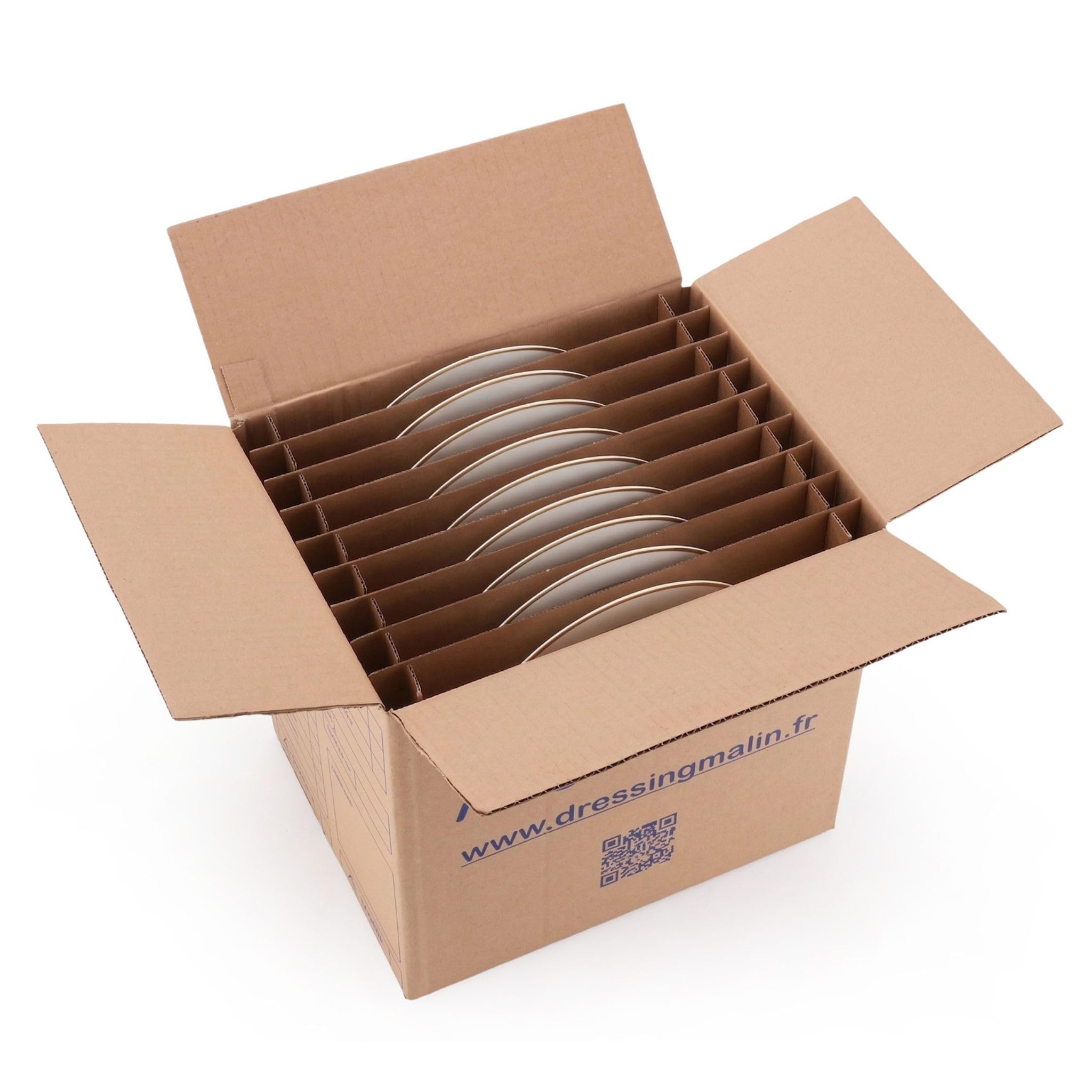 Kit Déménagement Vaisselle – 6 cartons multi-usage (34x26x32 cm, 28L), 6 séparateurs 2 x 9 assiettes, 2 x 36 verres, 2 x 12 bouteilles, 1 rouleau adhésif Havane (4,6 cm x 68 m)