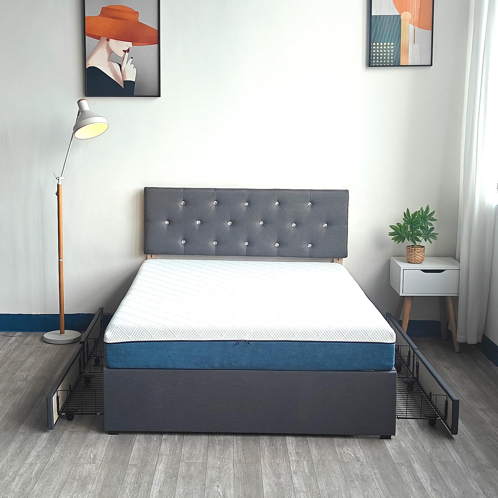 Panana Bed Frame with 4 Drawers Storage - 4FT6 Double Stylish Grey Fabric with Height Adjustable Crystals Headboard, Strong Metal Slats for Modern Bedrooms