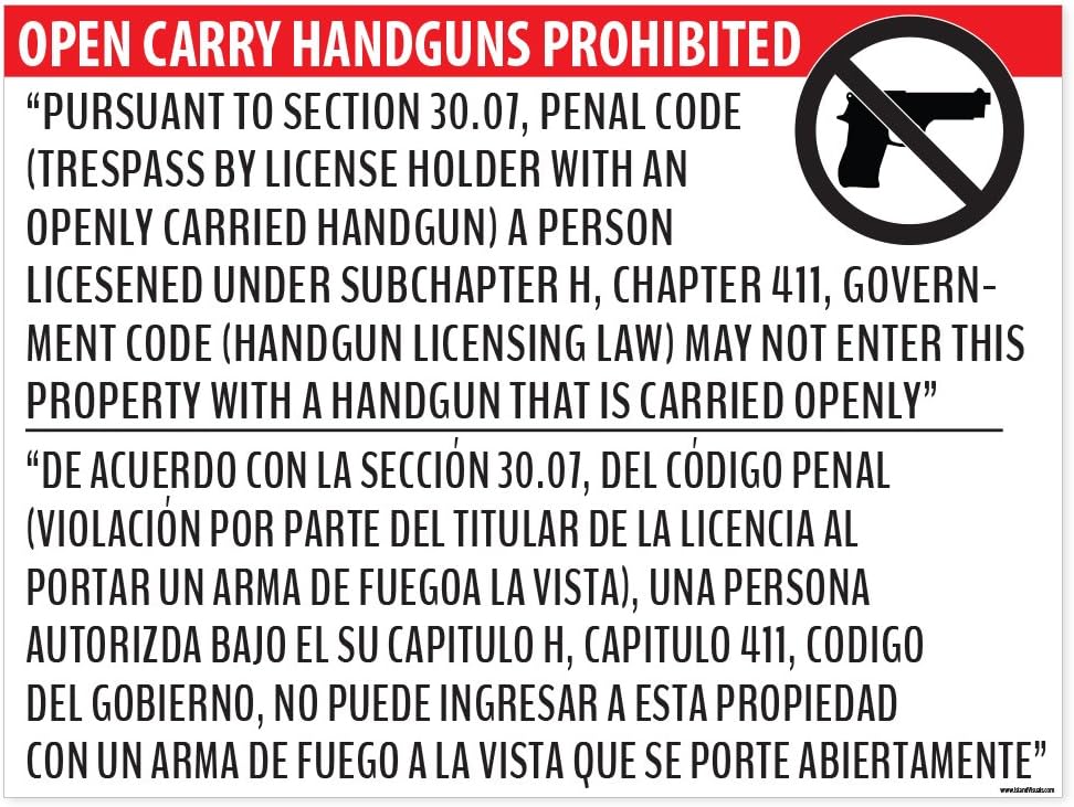 "Open Carry Handguns Prohibited" Section 30.07 Poster - 18x24 Window Cling - Inside Facing Out
