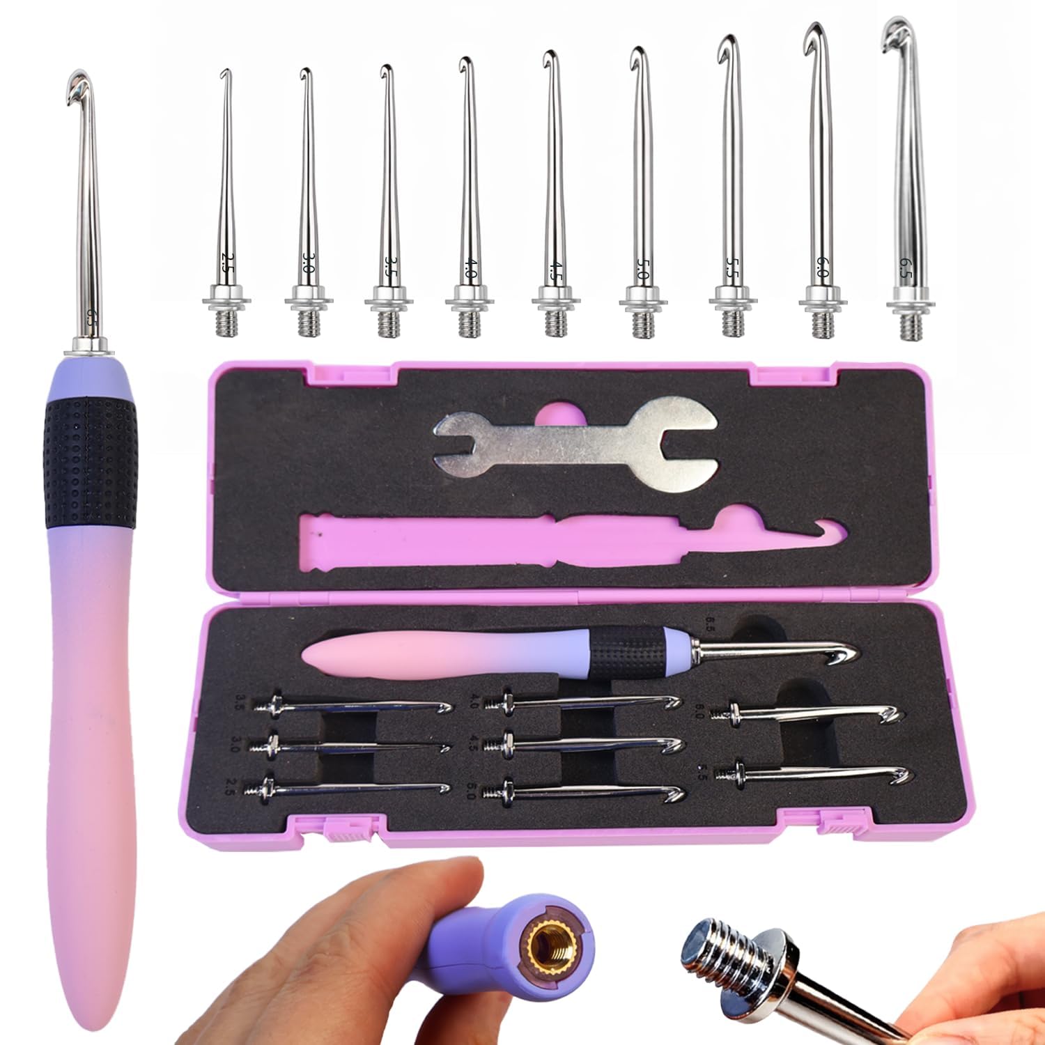 Yarniss Interchangeable Crochet Hooks with Screw Handle,8 Size Ergonomic Crochet Hooks with Comfortable Handle 2.5~6.5mm,Gradient Purple — view 7