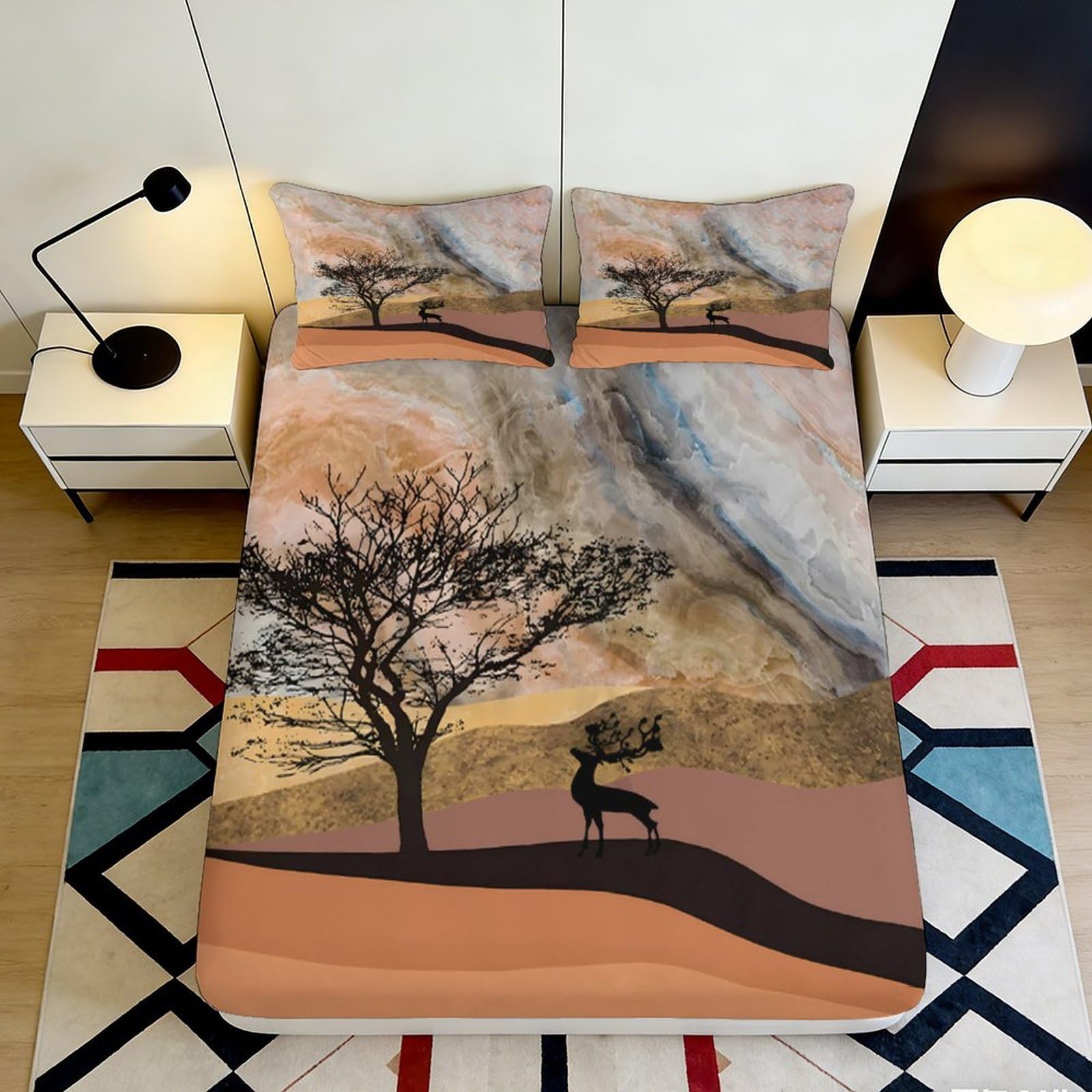 3D Printed Sunset Tree Fitted Sheet Microfiber Soft Breathable Deer Landscape Mattress Cover for Bedroom Guest Room Decor 180x200x25cm