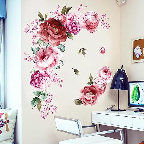 Miniatura 6 de Calcomanías de pared de flores de peonía 3D, calcomanías de pared de flores rosadas, despegar y pegar, decoración artística de pared extraíble para