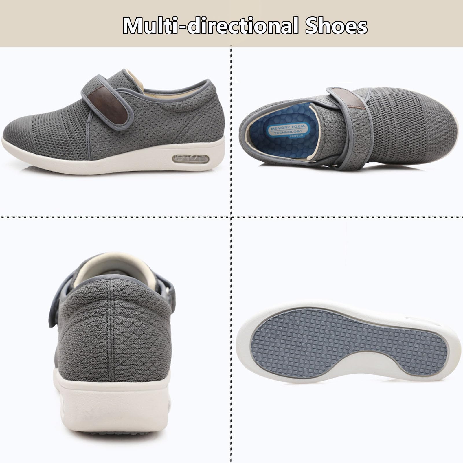 Bardzo szerokie buty do chodzenia z obrzękiem dla mężczyzn i kobiet, łatwe zapinanie, wygodne i oddychające, buty do chodzenia w pomieszczeniach i na zewnątrz na opuchnięte stopy (Dark Gray Men 8)