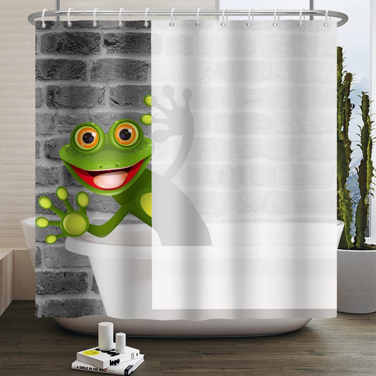 SDOTPMT 165x183cm Cartoon Frog Shower Curtain Cute Funny Frog with Greater Eye Animal Bath Curtain Grey Brick Wall White Bathtub Curtain for Kids Bathroom Fabric Polyester Waterproof with Hooks - Image 3