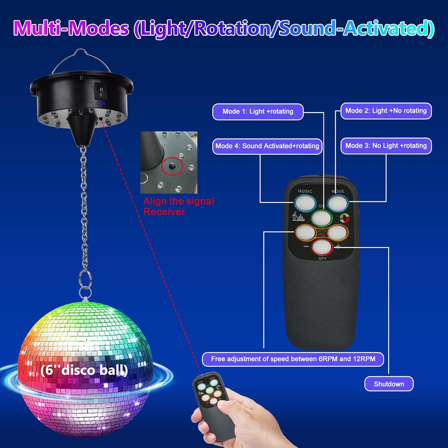 Rotating Disco Ball Motor Light, 6-12RPM Adjustable Speed DiscoBall Spinner 18LEDs for 8~24'' Large Heavy Duty Mirrorball Motor,Wedding Birthday DJ Party Decor Upgrade (6" Disco Ball with Motor 2026)