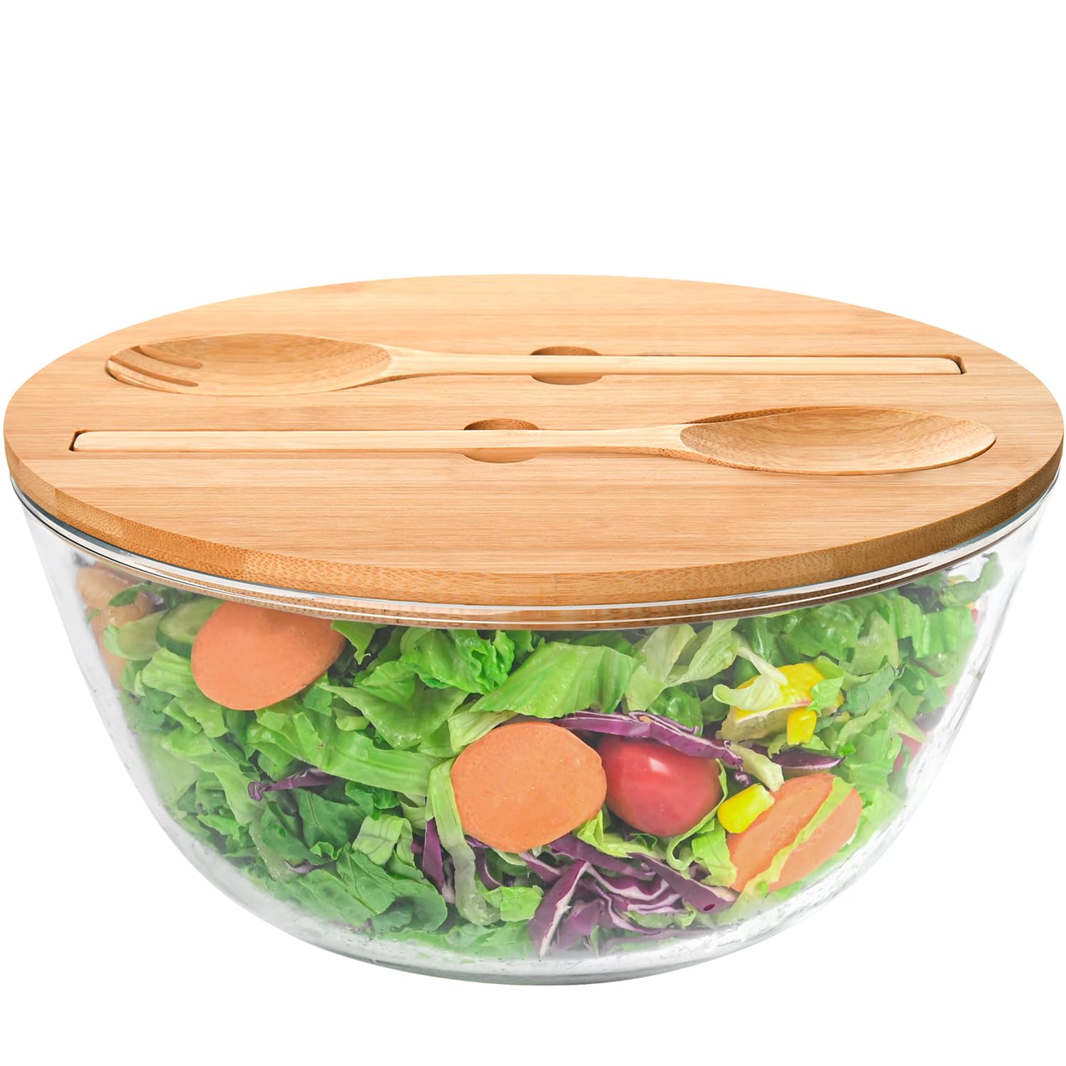 LOVYANXUE10.6" Glass Salad Bowl with Lid, 4.7 Quart Large Capacity Mixing Bowls with Utensils, Versatile Serving Bowls for Salads,Fruits,Pasta,Popcorn,Trifle Bowl, Microwave Safe