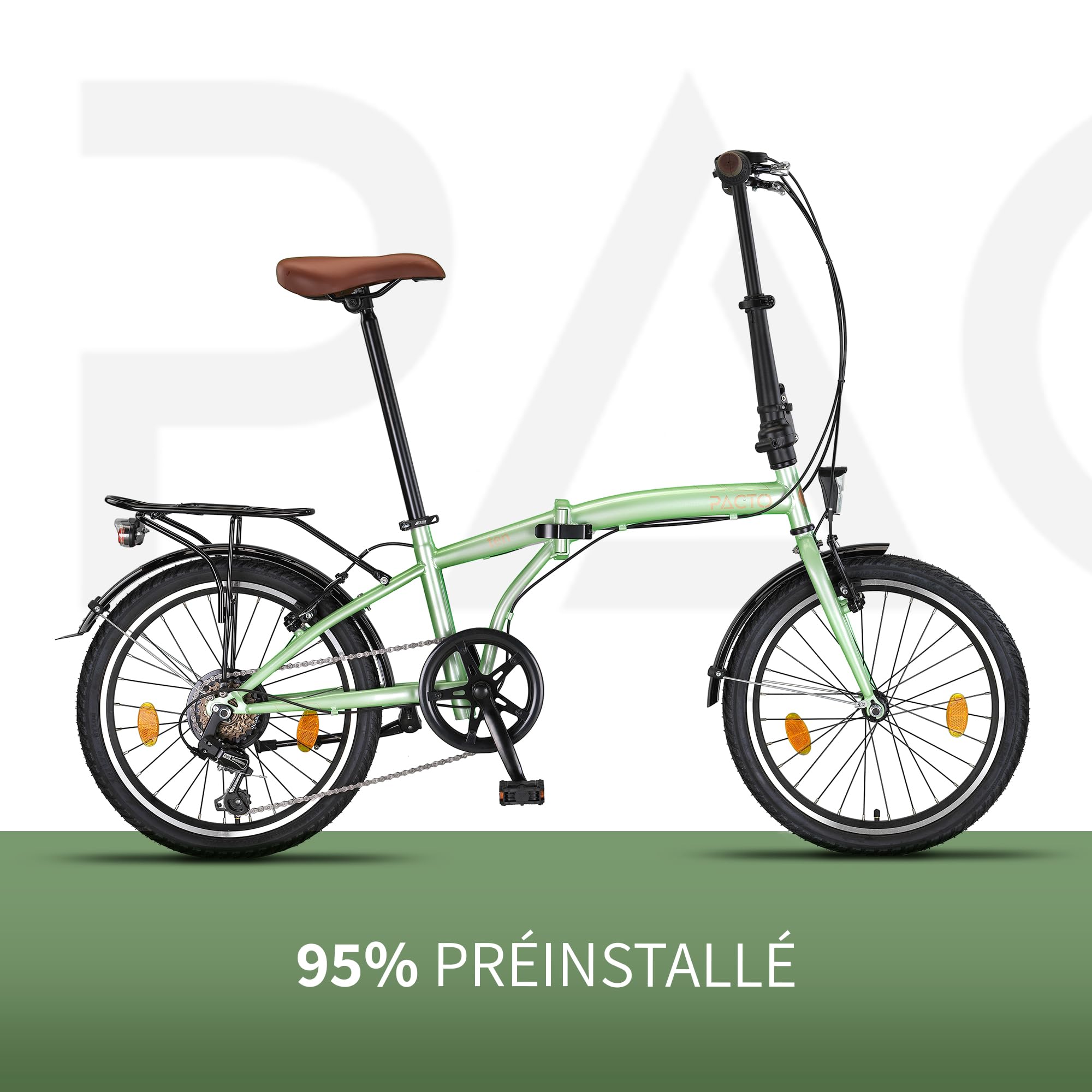 PACTO Vélo pliant Ten 20" avec système de pliage rapide (10 secondes), cadre en acier, poids léger (16 kg), Shimano 6 vitesses, freins en V et jantes en aluminium à double paroi