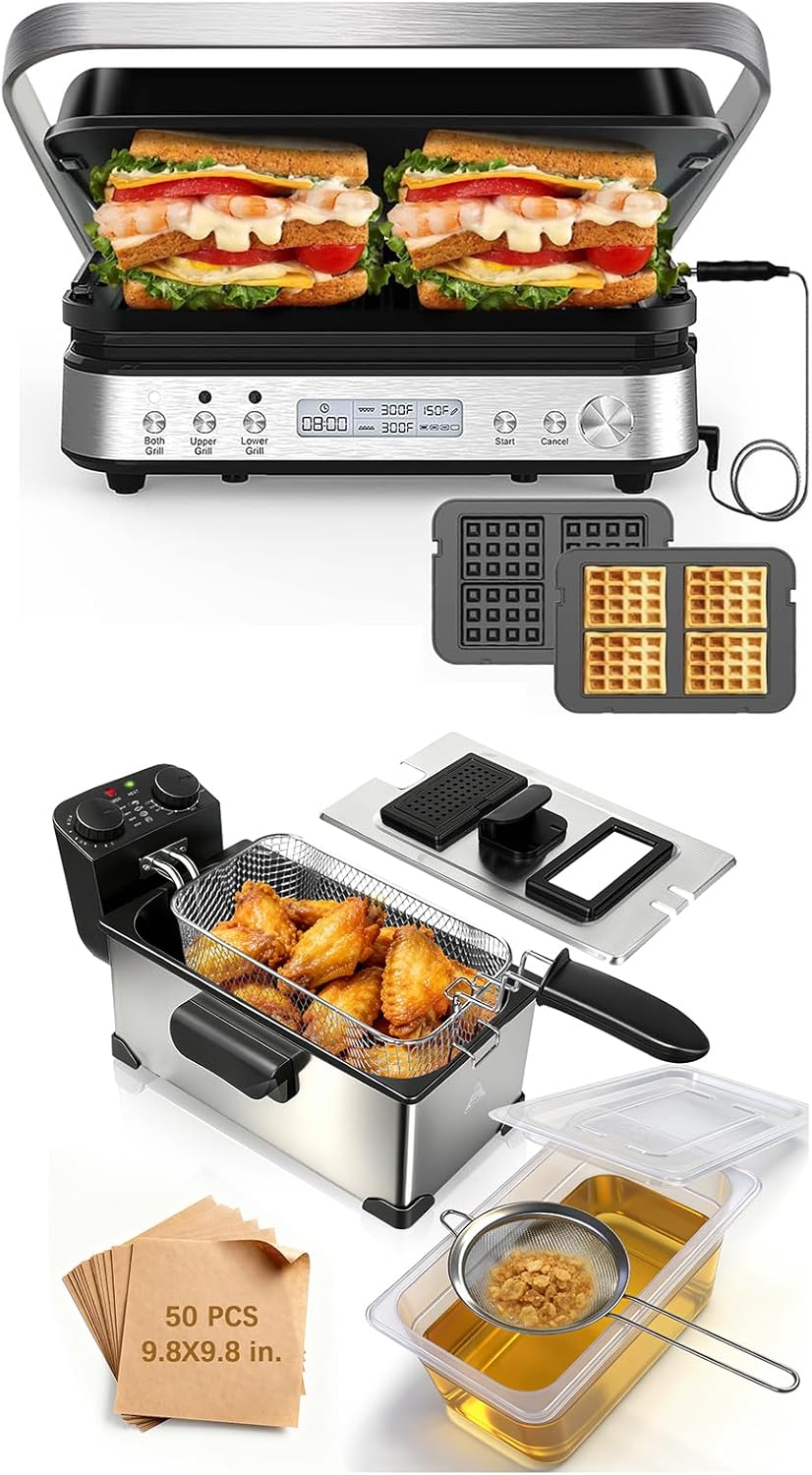 6 in 1 Panini Press Grill Sandwich Maker & Deep Fryer with Oil Filtration