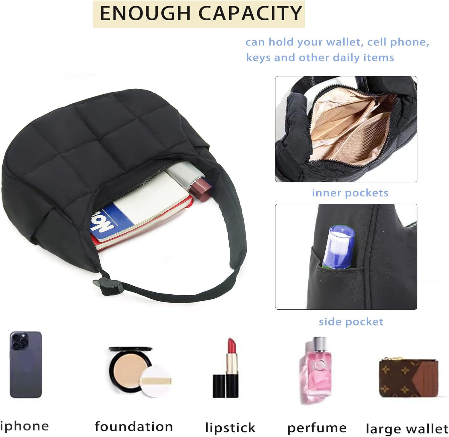 Nylon Shoulder Bag for Women Small Crescent Puffer Purse Quilted Purses Bag Puffer Bag for Travel - Image 5