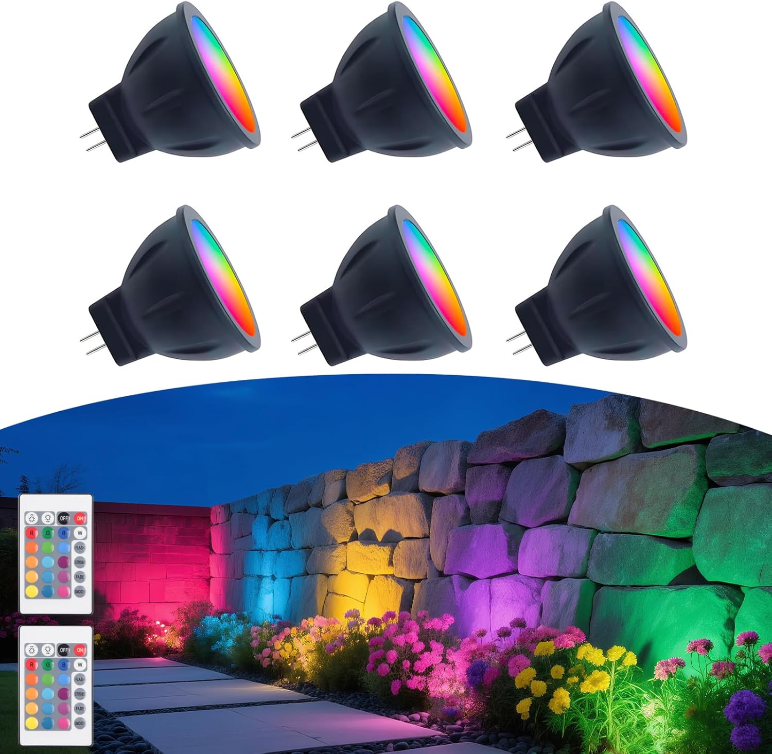 RGB MR11 LED Bulbs Color Changing, GU4 Bi-pin Base, Warm White+15 Multicolors and 4-Level Brightness on Remote Control, 12V MR11 Halogen Bulb Replacement