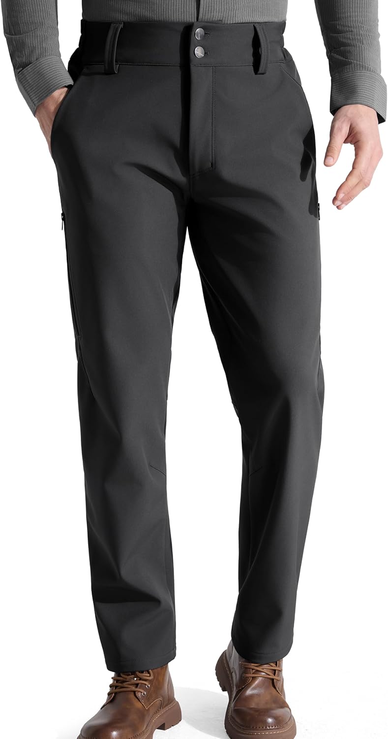 FREE SOLDIER Men's Warm Windproof Winter Fleece Lined Pants Hiking Expandable-Waist Softshell Snow Ski Pants
