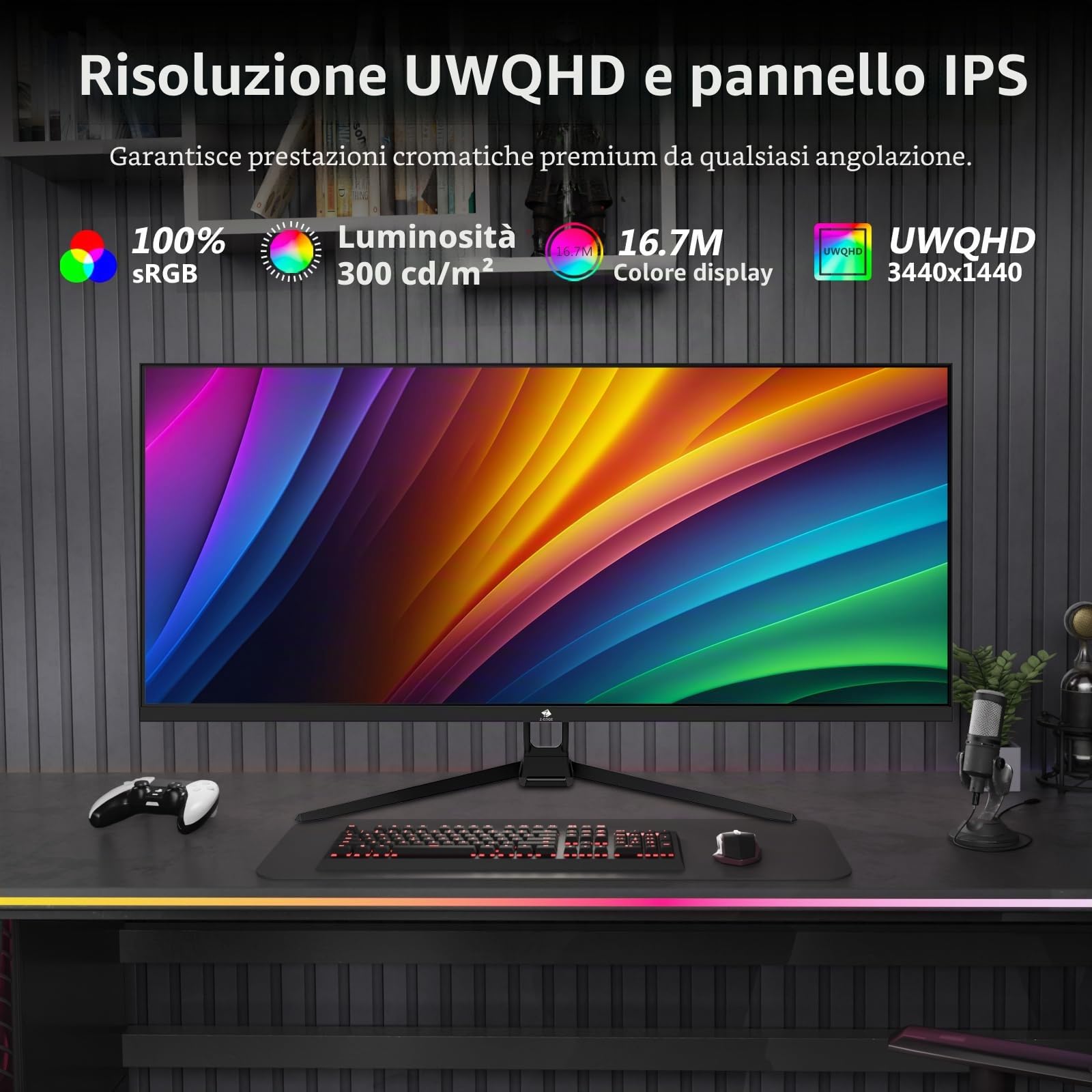Z-Edge Schermo PC Gamer 34'', UWQHD (3440x1440), 165 Hz, Pannello IPS, 1 ms, Monitor Ultrawide 21:9, FreeSync, 300 cd/m², 2× DP1.4 & HDMI2.0, RGB, Inclinazione Regolabile, VESA 75×75 mm