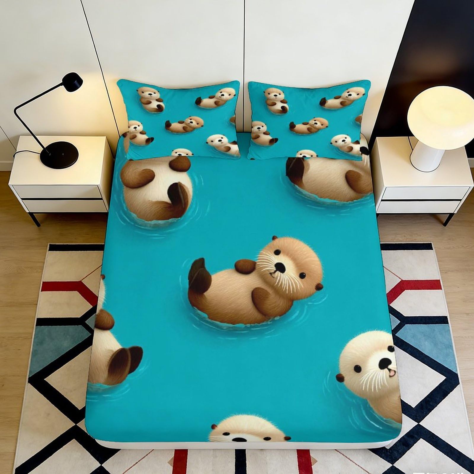 3D Printed Cute Otter Fitted Sheet Microfiber Soft Turquoise Cartoon Animal Mattress Cover for Bedroom Dorm Decor 90x200x25cm