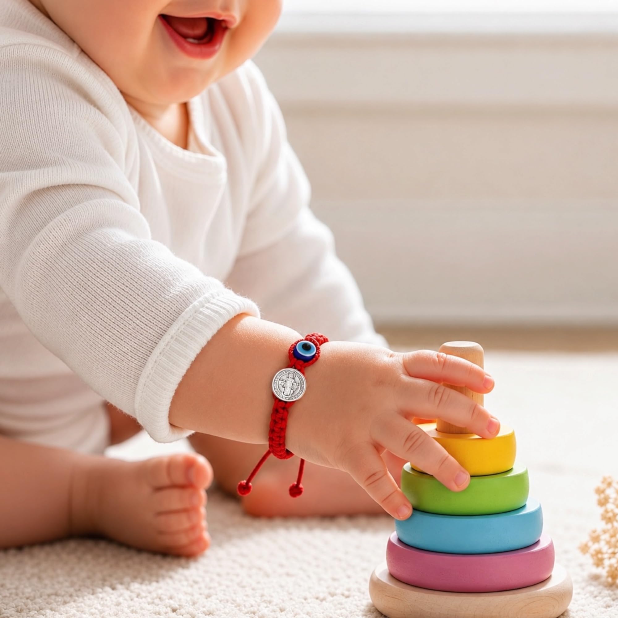 Liamlove Baby Armband, rotes Schnurarmband mit Heiligem Benedikt und bösen Blick für das neue Familienmitglied, St. Benedikt und Evil Eye Armband