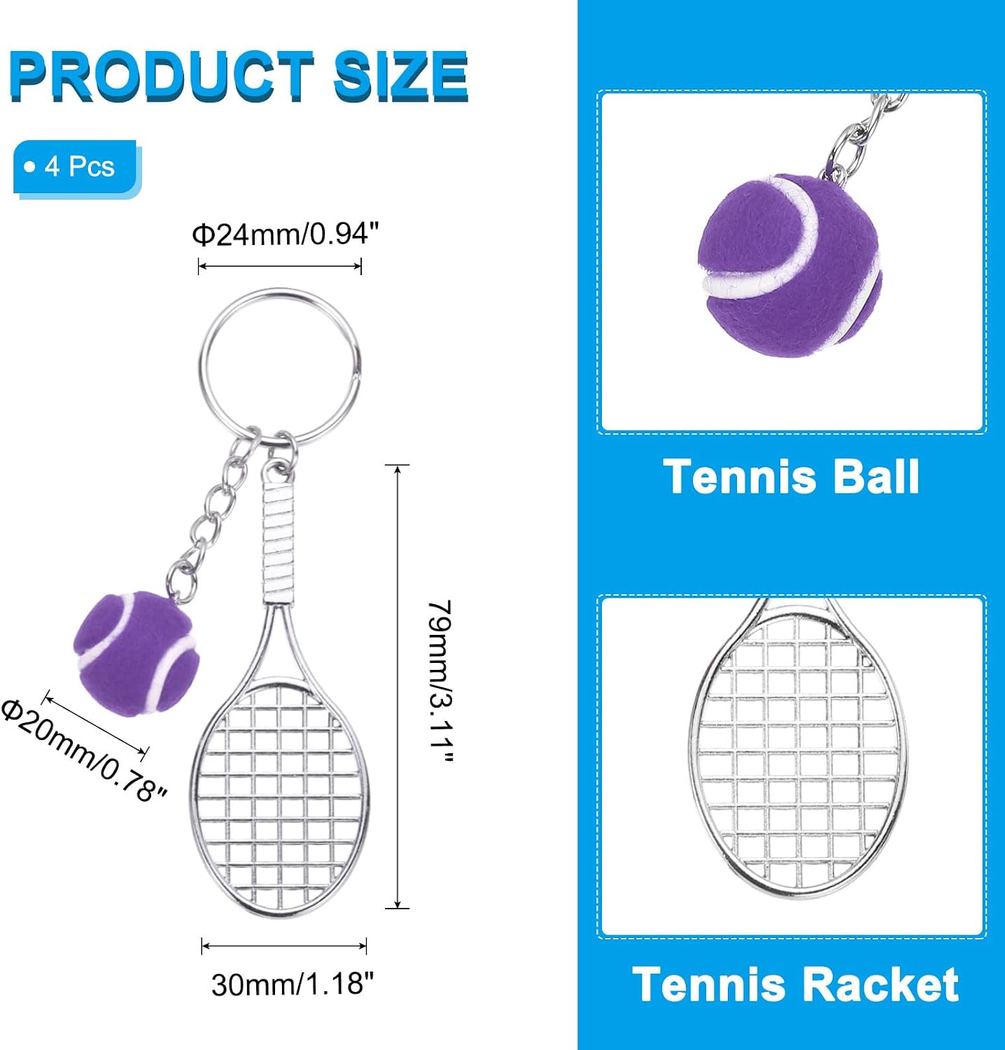 PATIKIL Tennis Keychain,Metal Tennis Racket Key Chains Sports Novelty Charm Pendant for Backpacks,Party Favor, Sports Fan