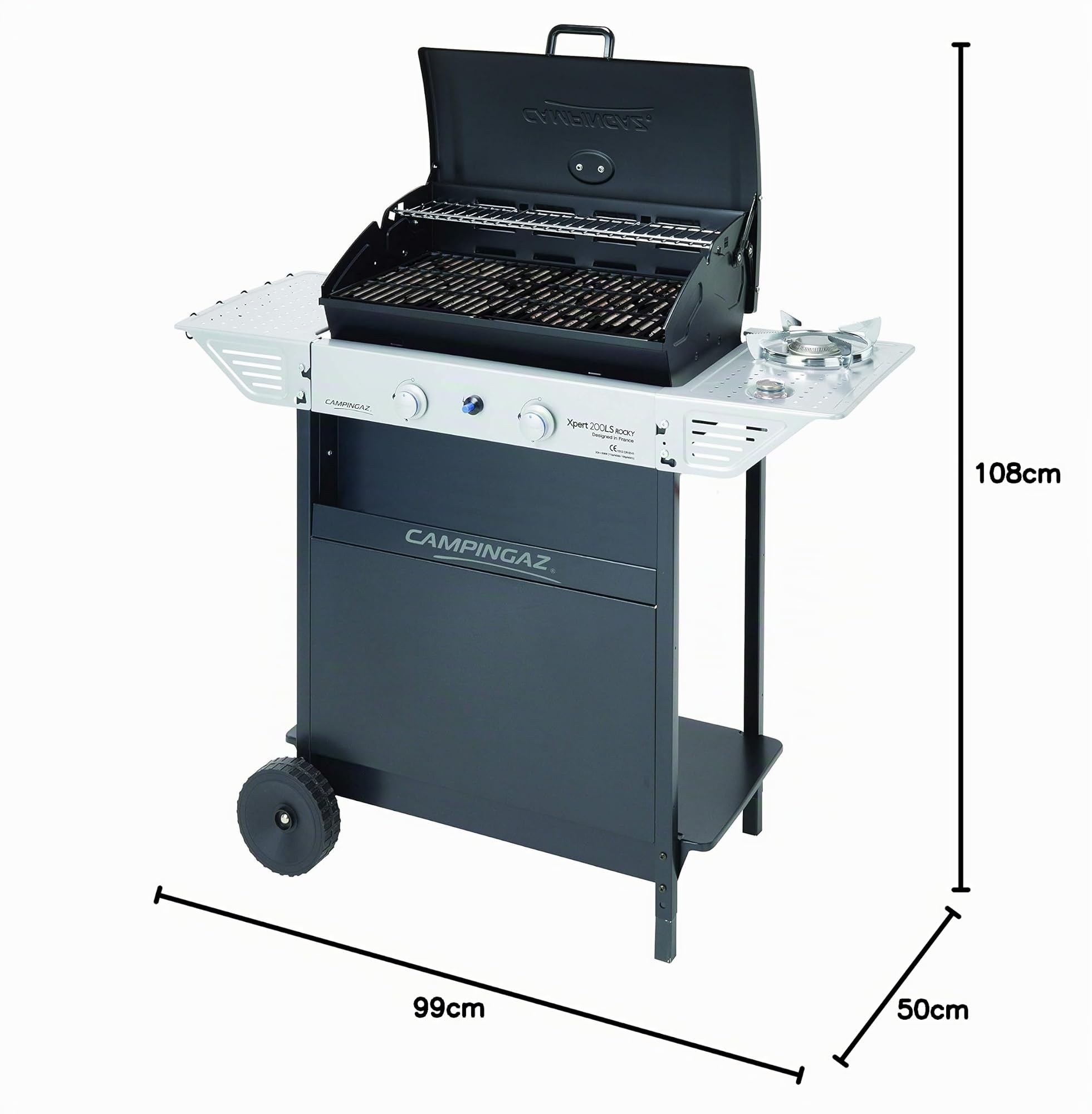 Campingaz Xpert 200 LS Rocky Barbacoa Gas Piedra Volcanica | Parrilla Gas con 2 Quemadores Compactos | 8.2 KW de Potencia | 2 Parrillas de Hierro Fundido | 2 Mesas Laterales y Carro de Acero