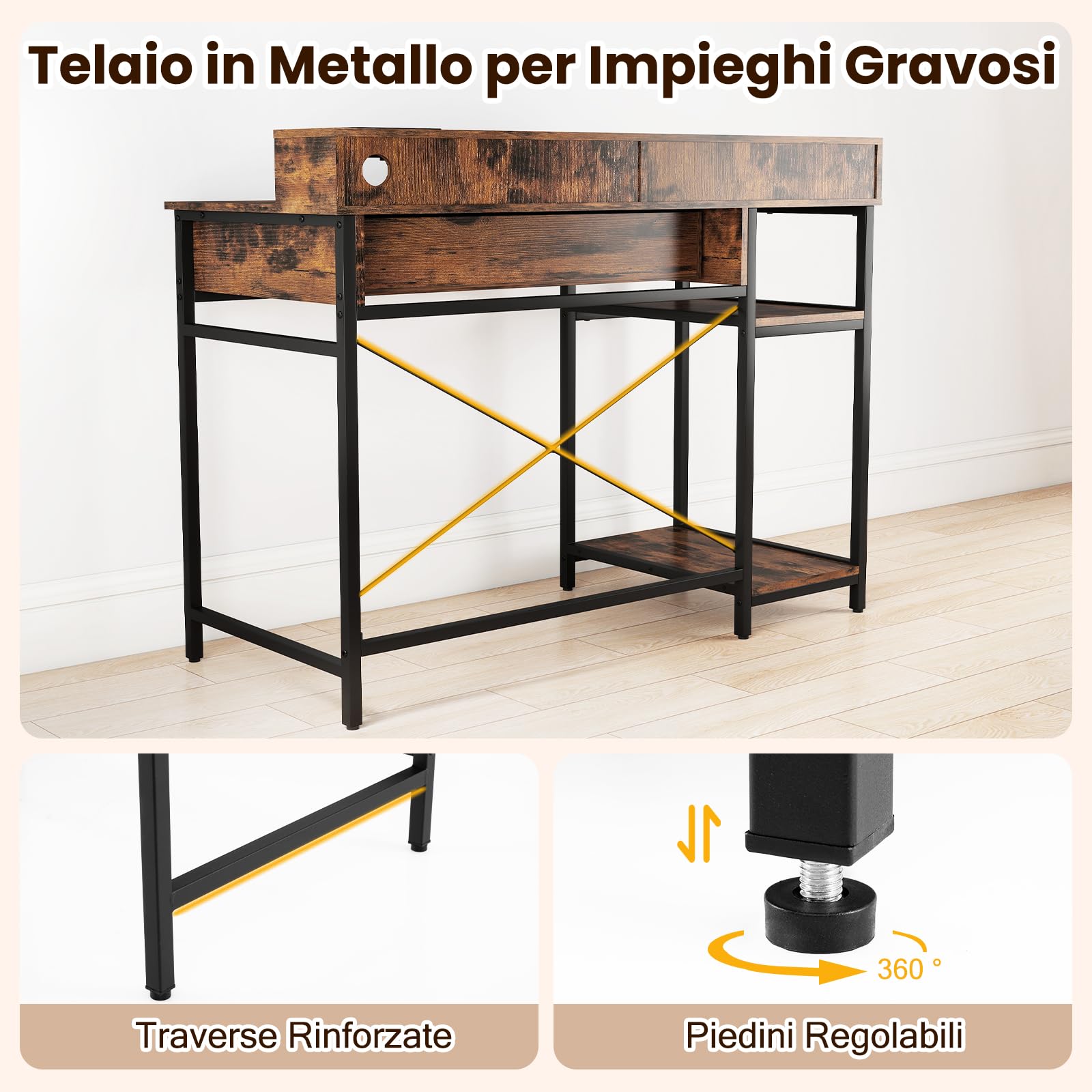 COSTWAY Scrivania Salvasapzio per Computer con Stazione di Ricarica 106 x 48 cm, Mensola sopra Tavolo, Cassetto e Libreria Laterale a 2 Ripiani, Tavolo Industriale per Ufficio e Casa (Marrone Rustico)