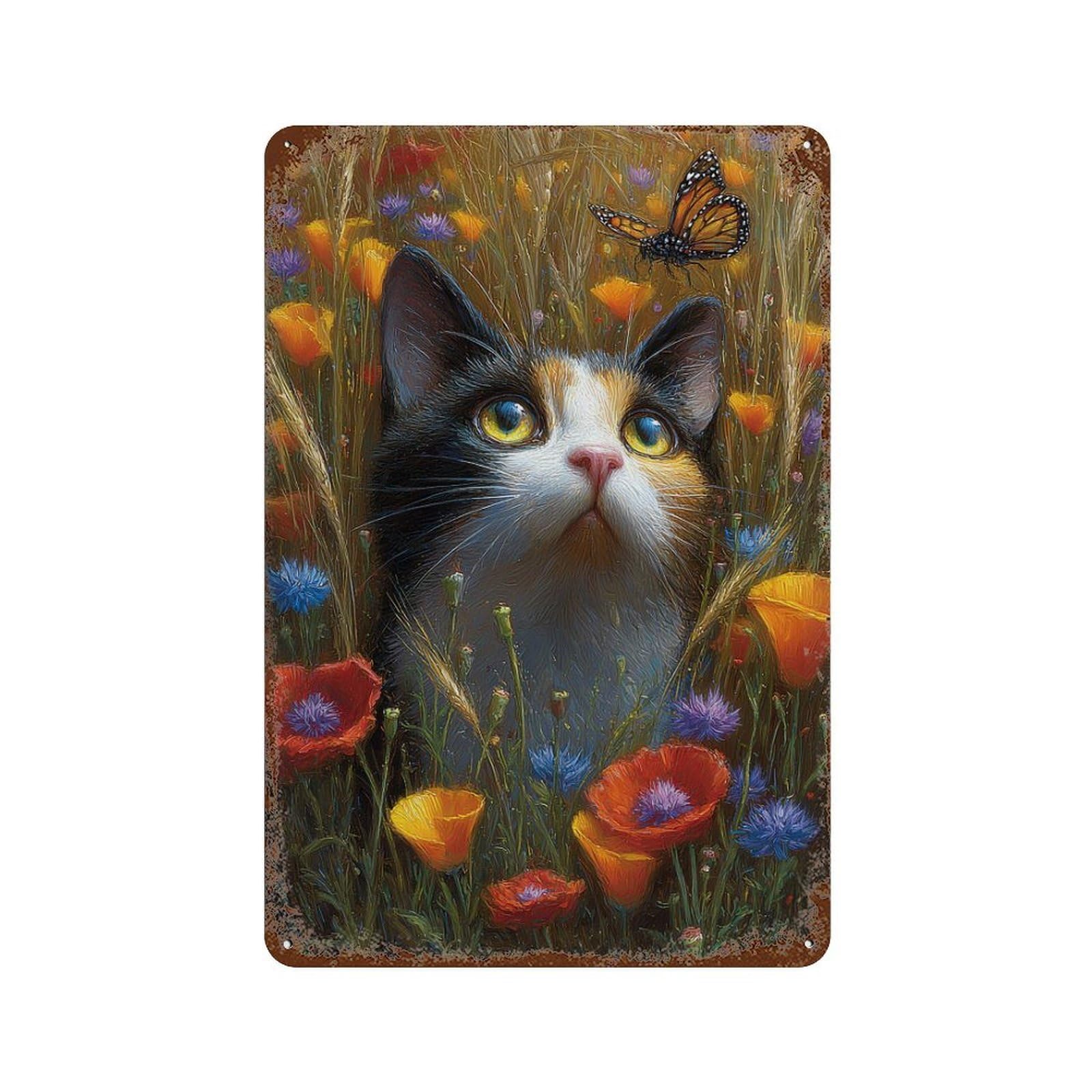 Whimsical Cat in Flowers 11.8"x7.9" Retro Metal Sign, Industrial Home Decor for Office, Studio And Wall Decor