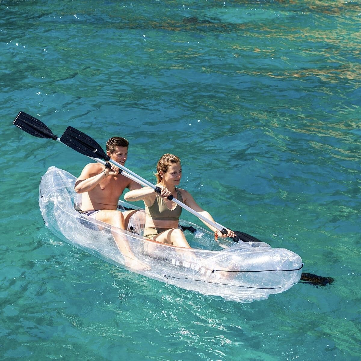 Canoé Kayak Gonflable Transparent 2 Places 2 poignées de Transport avec Accessoires : Gonfleur Manuel + 2 rames + 2 sièges gonflables + Sac de Transport + kit de réparation.