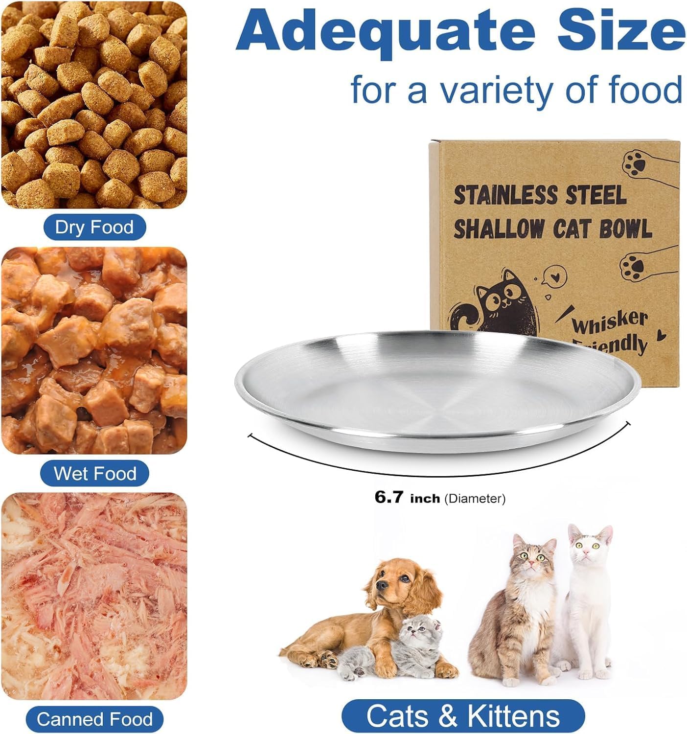 Supet Cat Plates for Wet Food, Non Slip Whisker Friendly Food Bowls, Stainless Steel Shallow Wide Dishes for Indoor Cats (13Oz, 10Pcs)