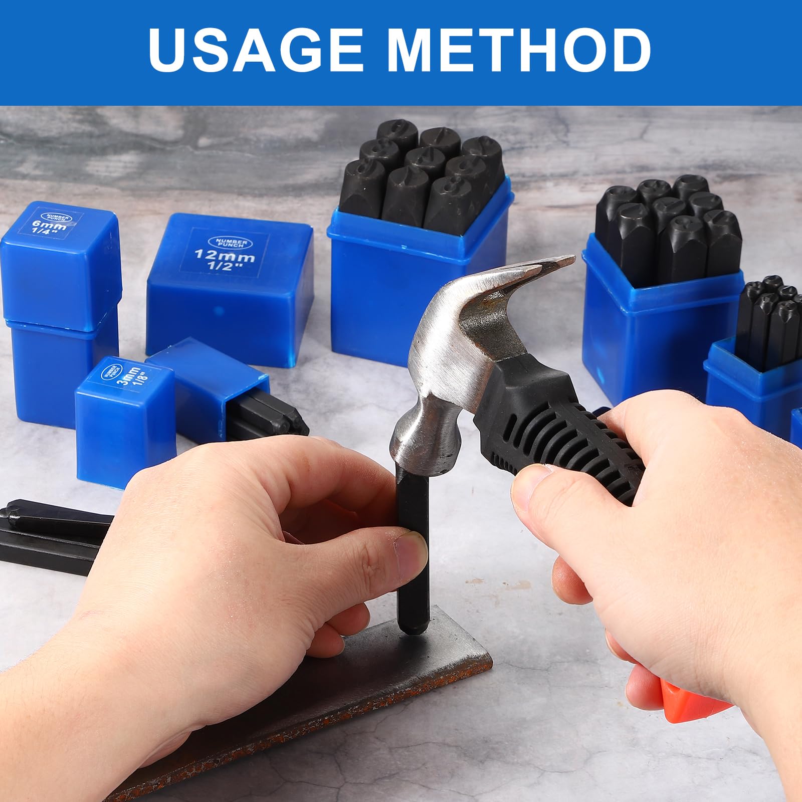 QUARKZMAN Set Di Timbri Numerici In Metallo 9 Pezzi 15/32" (12mm) Kit Per Marcatura Numerica 40Cr Set Di Utensili Per Marcatura A Mano Con Custodia Blu Creazione Gioielli Artigianato