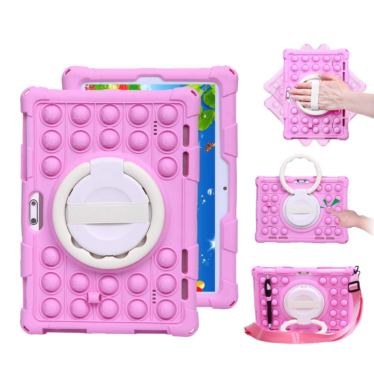 Silicone Tablet Case with 360 Rotating Kickstand Handle/Shoulder Strap Compatible with Digiland DL1036 10.1", Dragon Touch Notepad K10/Max10,ZONKO K105 10 Inch,Winsing 10 Pink