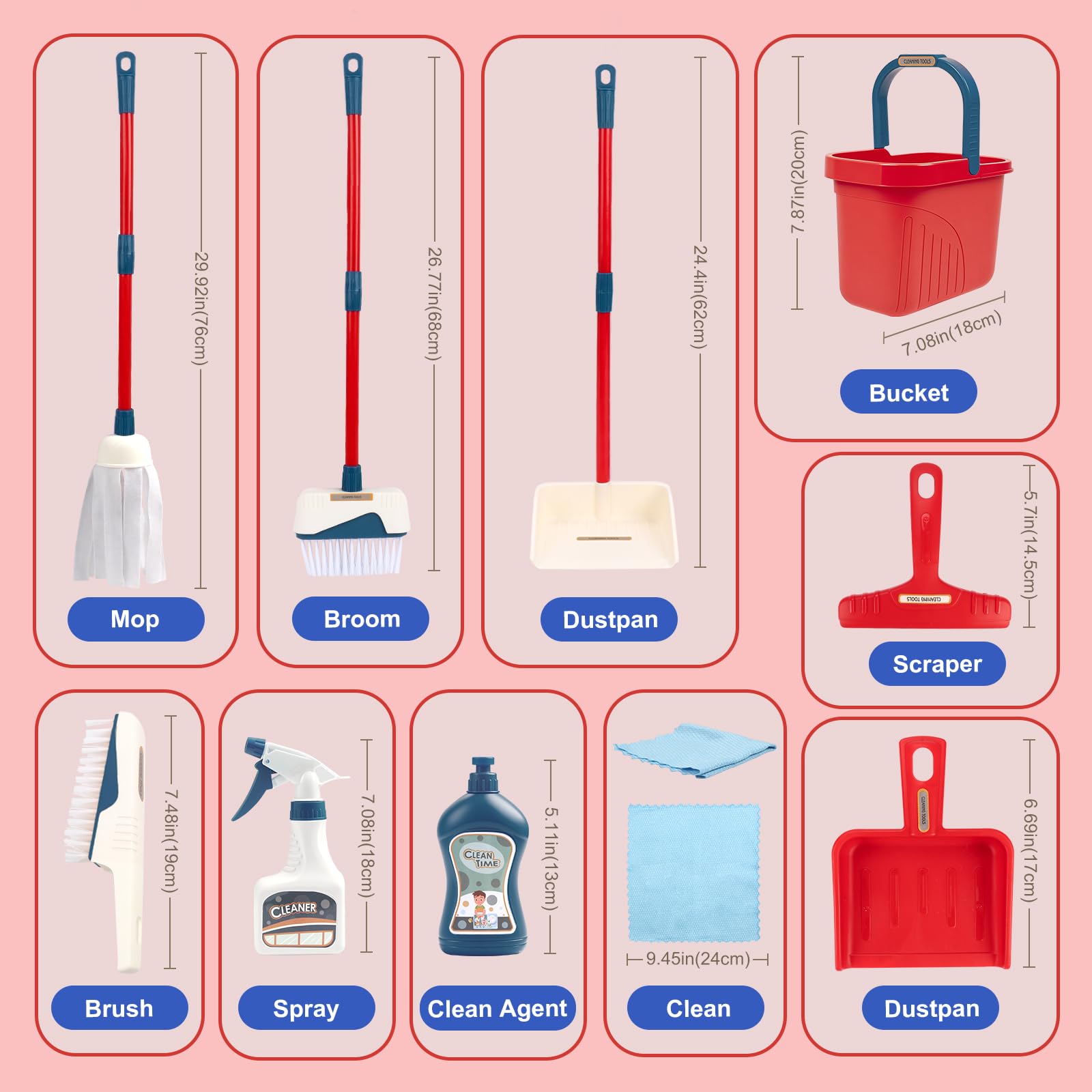 Kids Cleaning Set for Toddlers Pretend Play Broom Set 10pcs Mop and Cleaning Toys Set Pretend Playset Detachable Broom Mop Dustpan - Image 3