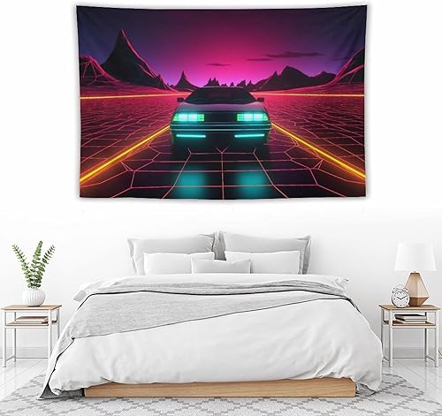Miniatura 5 de QEOPGNE Large Tapestry Wall Hanging Decor Retro Neon Futuristic Car Sunset Synthwave Retrowave Large Tapestry Wall Decor for Bedroom Aesthetic