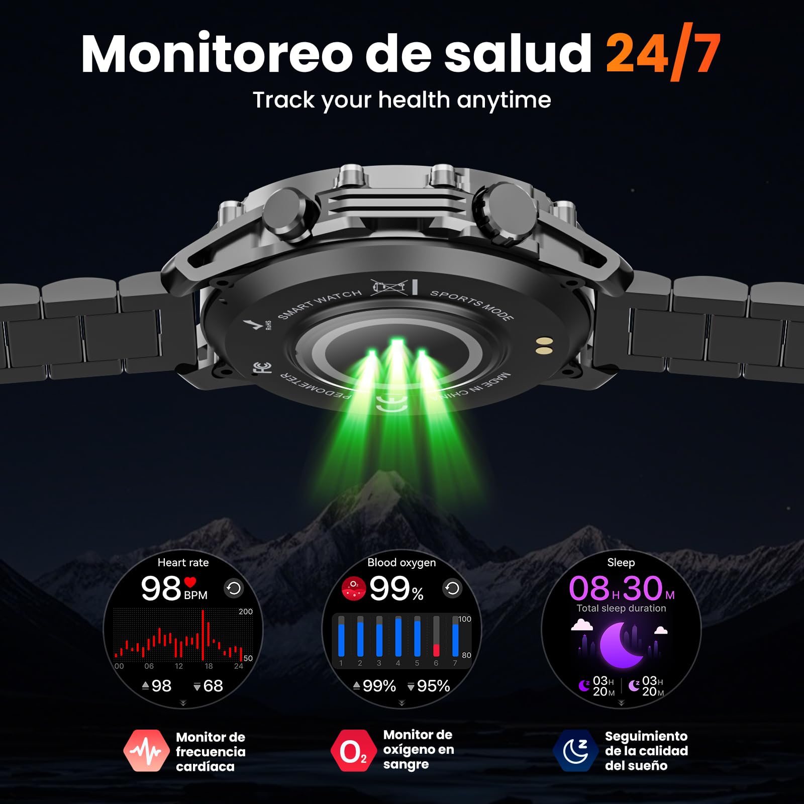 Reloj Inteligente Hombre con Linterna, 1.52" HD Smartwatch Militar con 500 mAh Batería(7-20 días), Relojes Inteligentes Hombre con 110+ Deportivos/Monitor Sueño/Pulsómetro/SpO2 para iOS Android