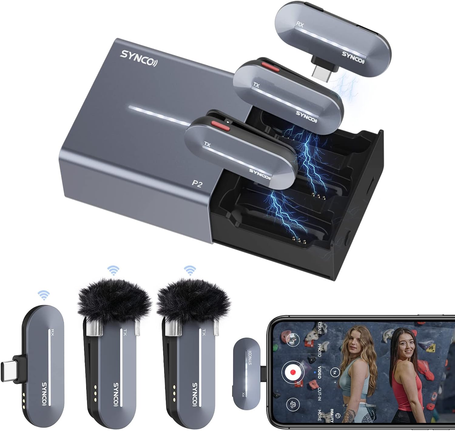 SYNCO Wireless Lavalier Microphone USB-C, P2ST Dual Mic 2.4GHz with Charging Case 2TX 1RX for iPhone 16/15 pro max YouTube TIK Tok Live Streaming Vlog, Wireless-Lavalier-Microphone-Dual-Smartphone