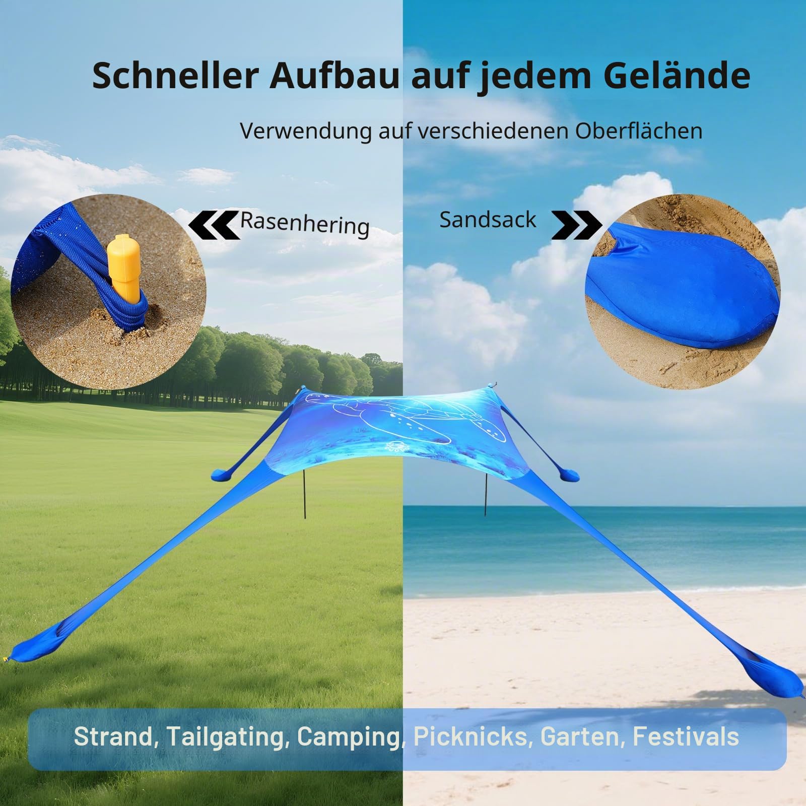 Strandzelt Pop Up 160 x 200 cm, 3D Drucken Klein Sonnenschutz UPF50 Lycra Zelte Outdoor Hinterhof Strand Camping Strandmuscheln mit Stabilitätsstangen Schildkröte