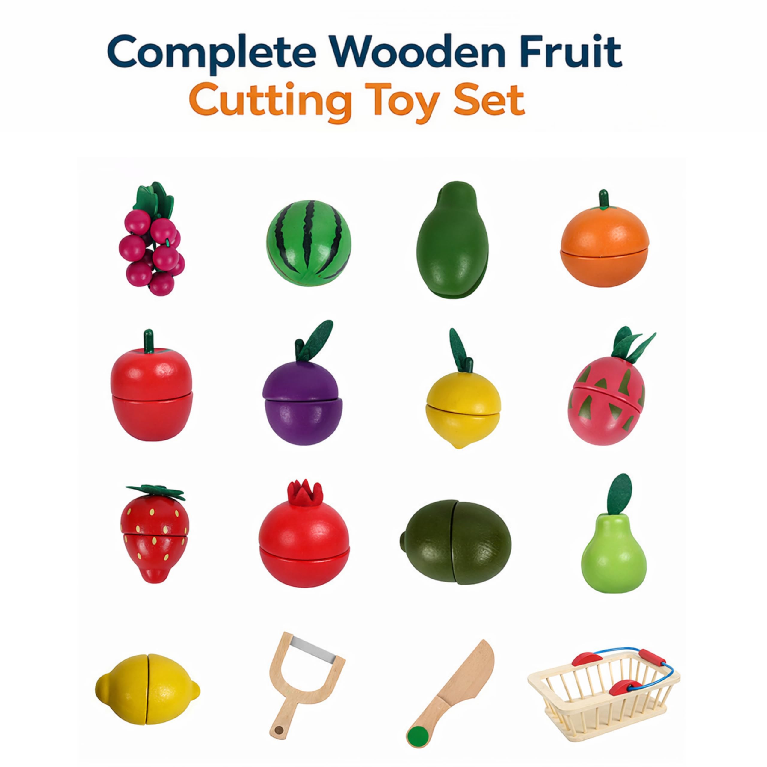 RITHVI STORE Wooden Fruits Cutting Toys for Kids, Pretend Play Toy Set for Boys and Girls, Wooden Food Basket with Knife & Peeler, Educational Montessori Toy Gift for 3+ Years 1
