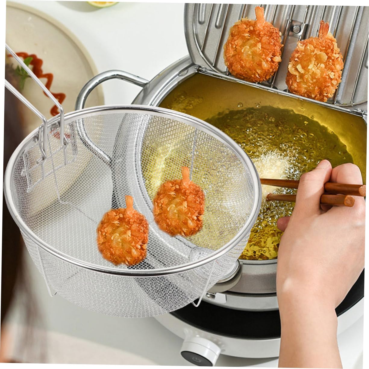 Garneck per Friggitrice con Maniglia Ergonomica 5 Pezzi in Acciaio Inox a Maglie Rotondo per Patatine Fritte
