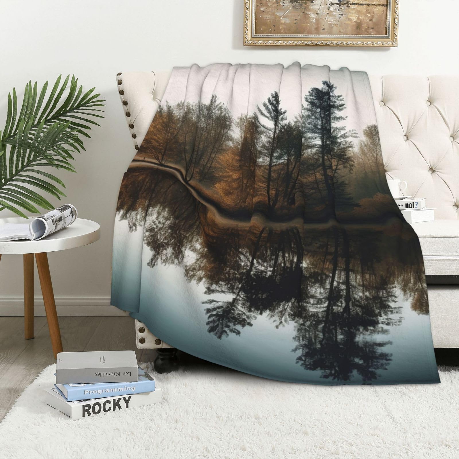 Couverture polaire en flanelle 101x152 cm motif arbre sur le lac pour lit et canapé
