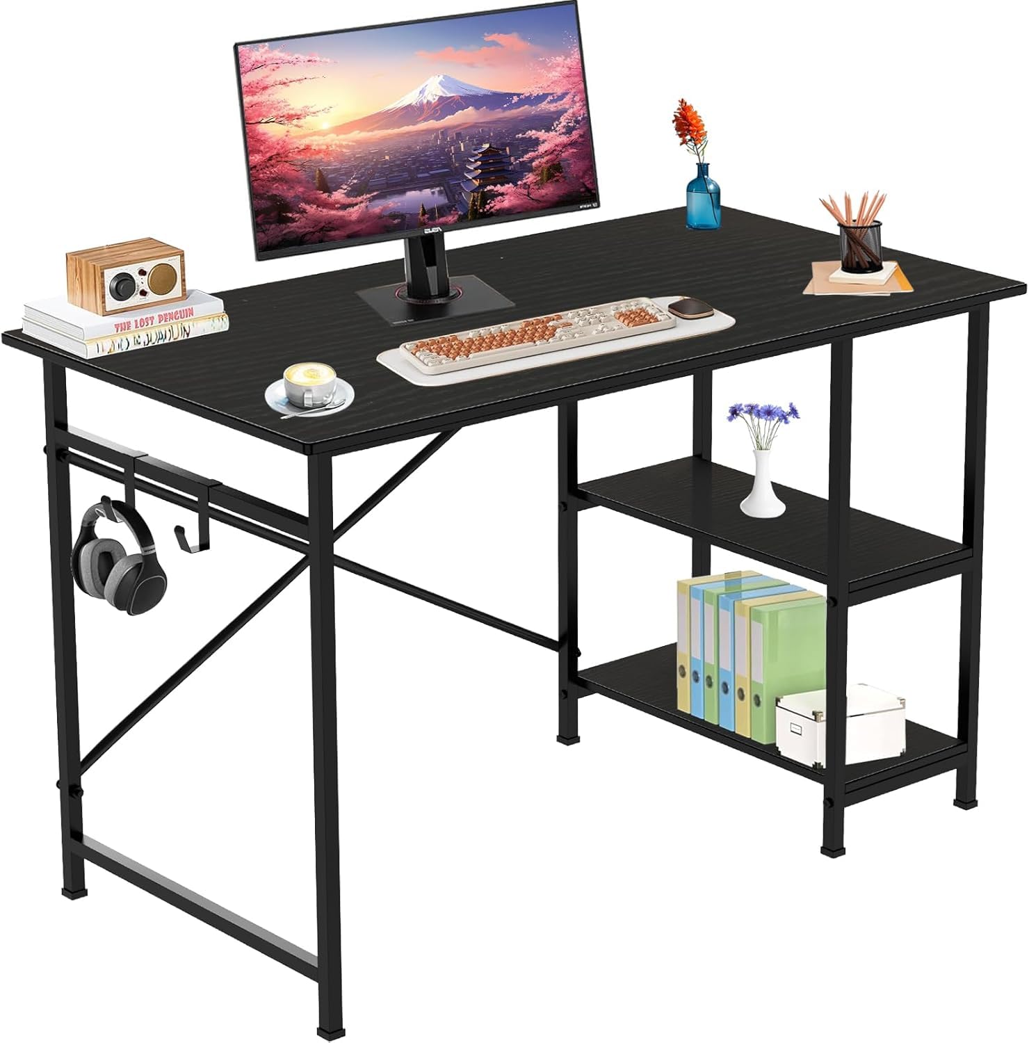 YOBWOK Computer Desk,Desk with 2 Reversible Shelves, Computer Table for Workstations, Gaming Desk, for Home Office, Living Room, Steel Frame,2 Hooks, 120x60x75cm Black