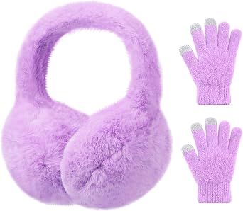 Kids Plush Earmuffs and Gloves Set Girls Boys Winter Faux Fur Ears Muffs Covers Outdoor Ear Warmers Age 7-12