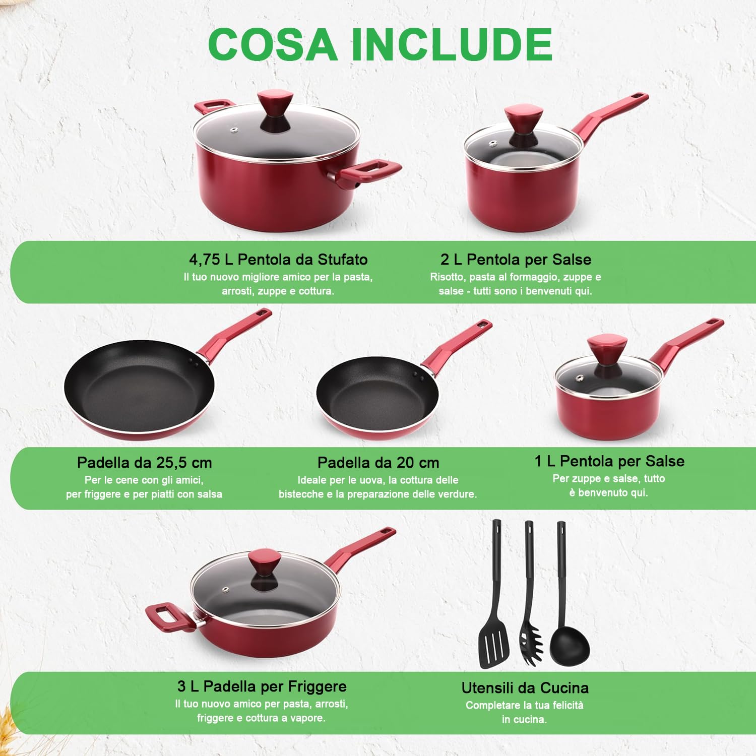 NutriChef Set di Pentole e Padelle Antiaderenti da 13 Pezzi, Resistenti al Calore, con Pentolino, Padelle, Pentole, Casseruola, Coperchi e Utensili, Rosso