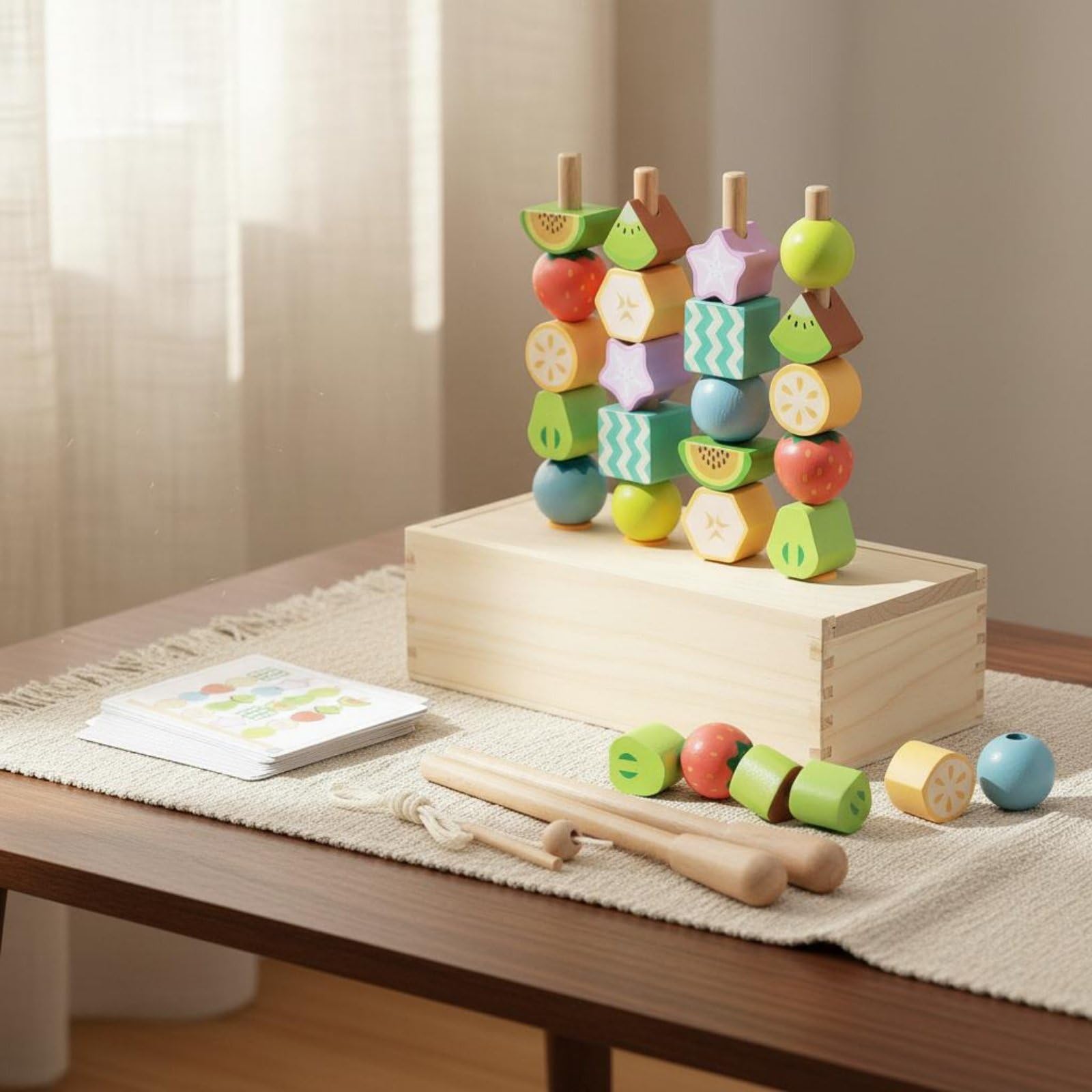 Perline Educative Bambini Set Gioco Legno Frutta Perline Infilare Ordinare Sequenze Carte Attrezzi Infilatura Apprendimento Pratico Motricità Fine Faggio Adatto per Casa Asilo Aula