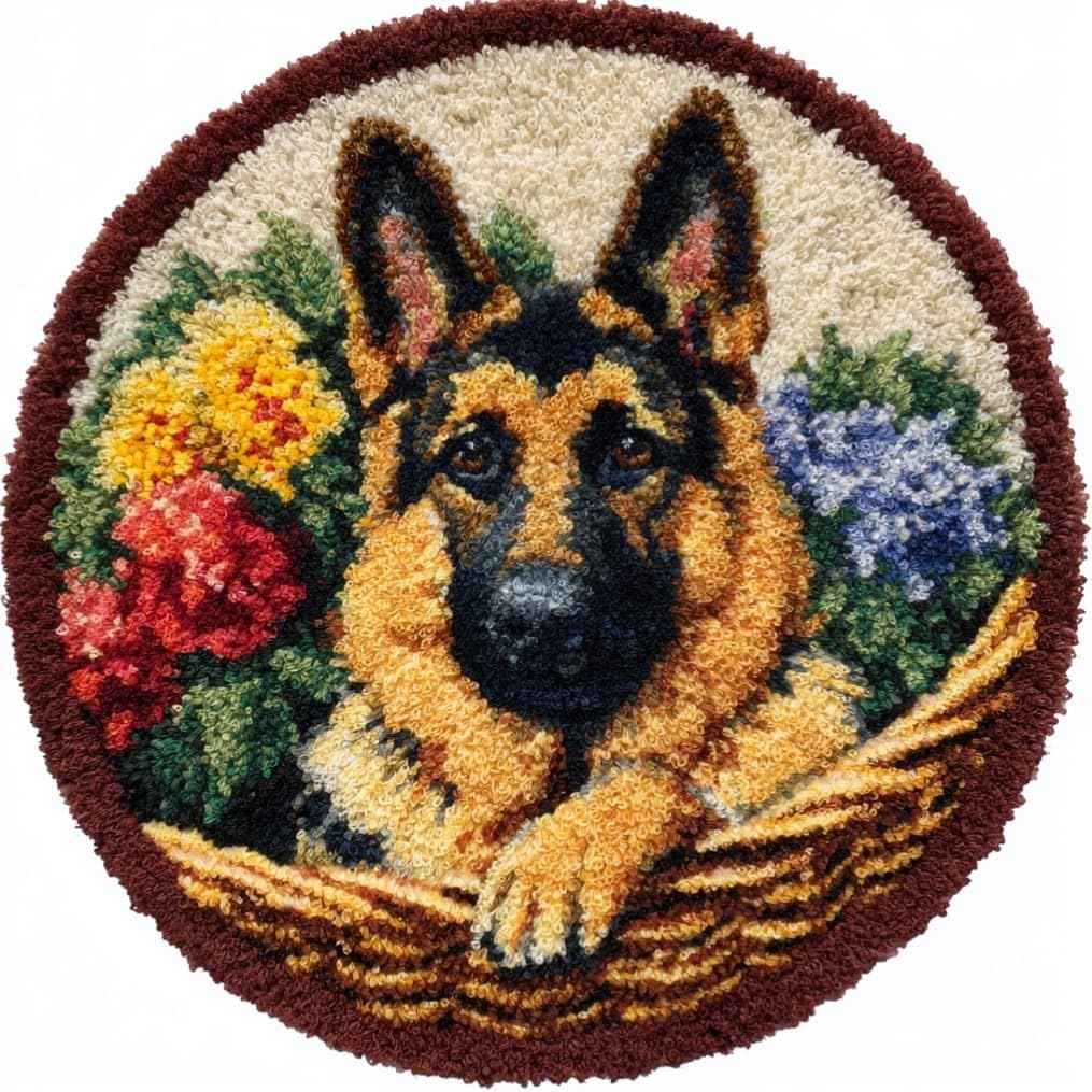 kitphoenix Creative Round Latch Hook Rug Kit German Shepherd 50 X 50Cm Handmade Latch Hook Kits for Adults for Christmas Carpet Beginners Adults