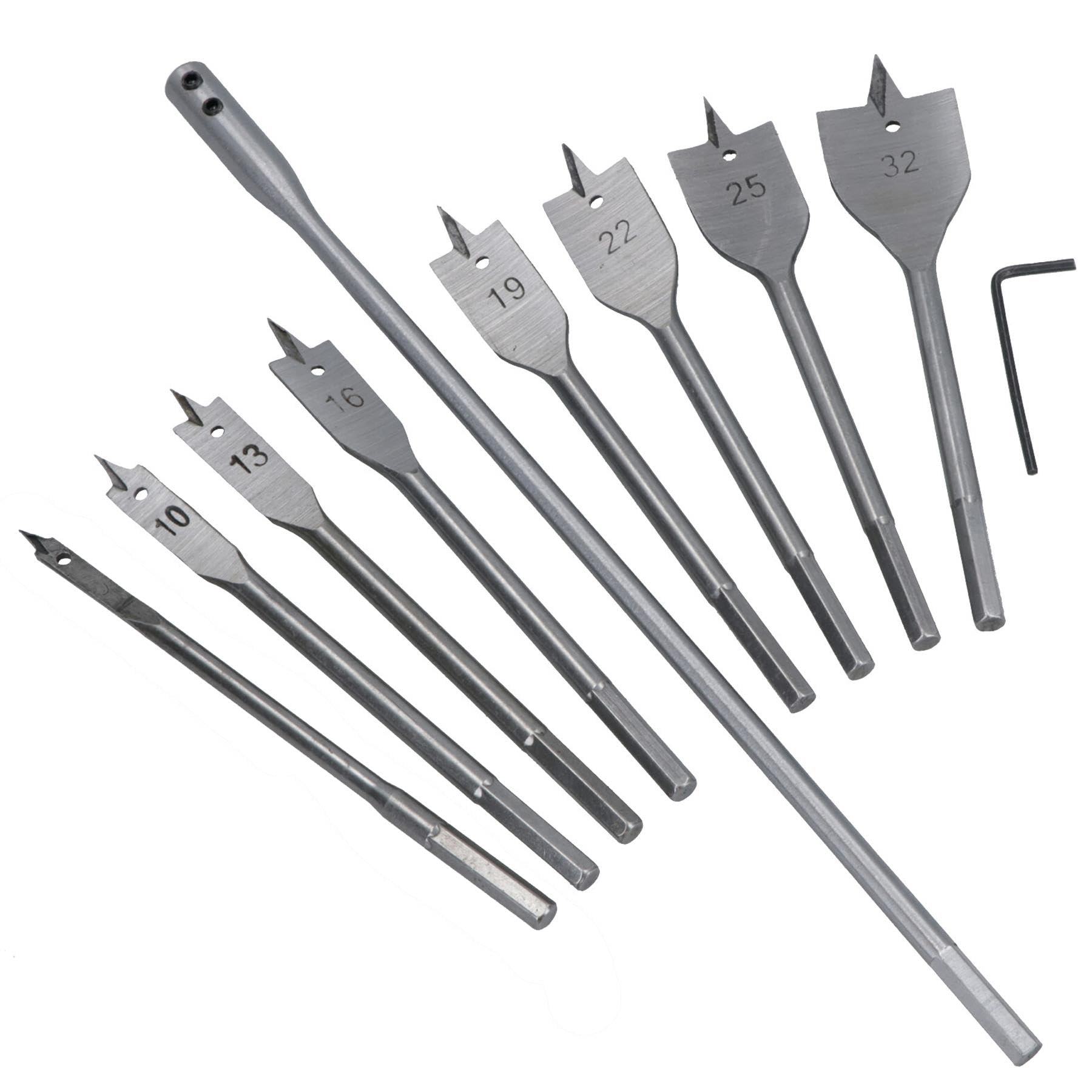 10pc Flat Wood Spade Drill Hex Shank With Extension Bar 6-32mm TE687