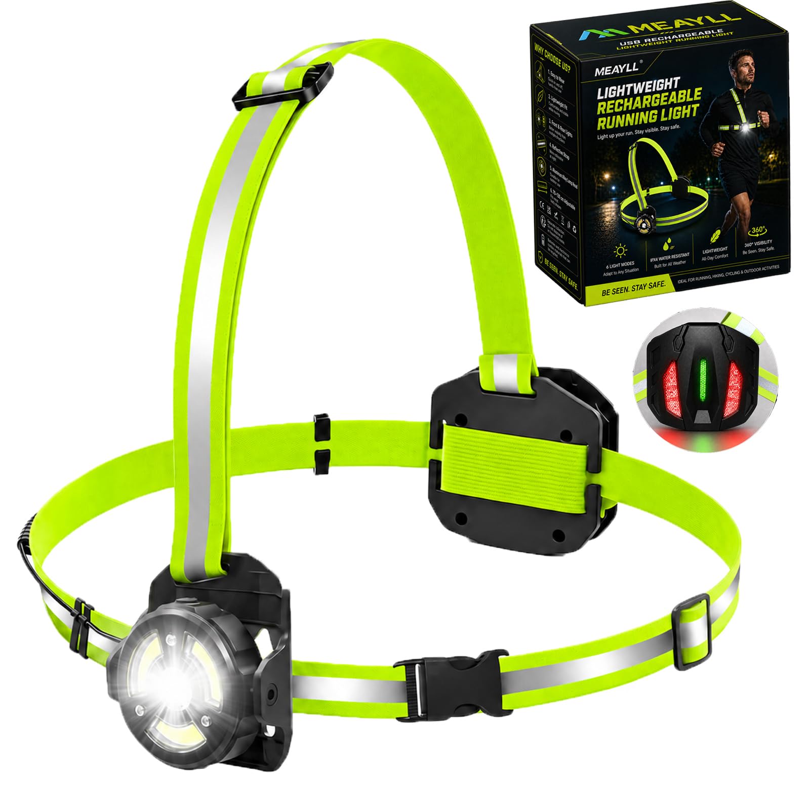 Meayll Running Lights for Runners,6 Modes 500LM Chest Running Light with Rear Safety Taillight, IPX4 Waterproof & 360° Reflective, 90° Adjustable USB Rechargeable