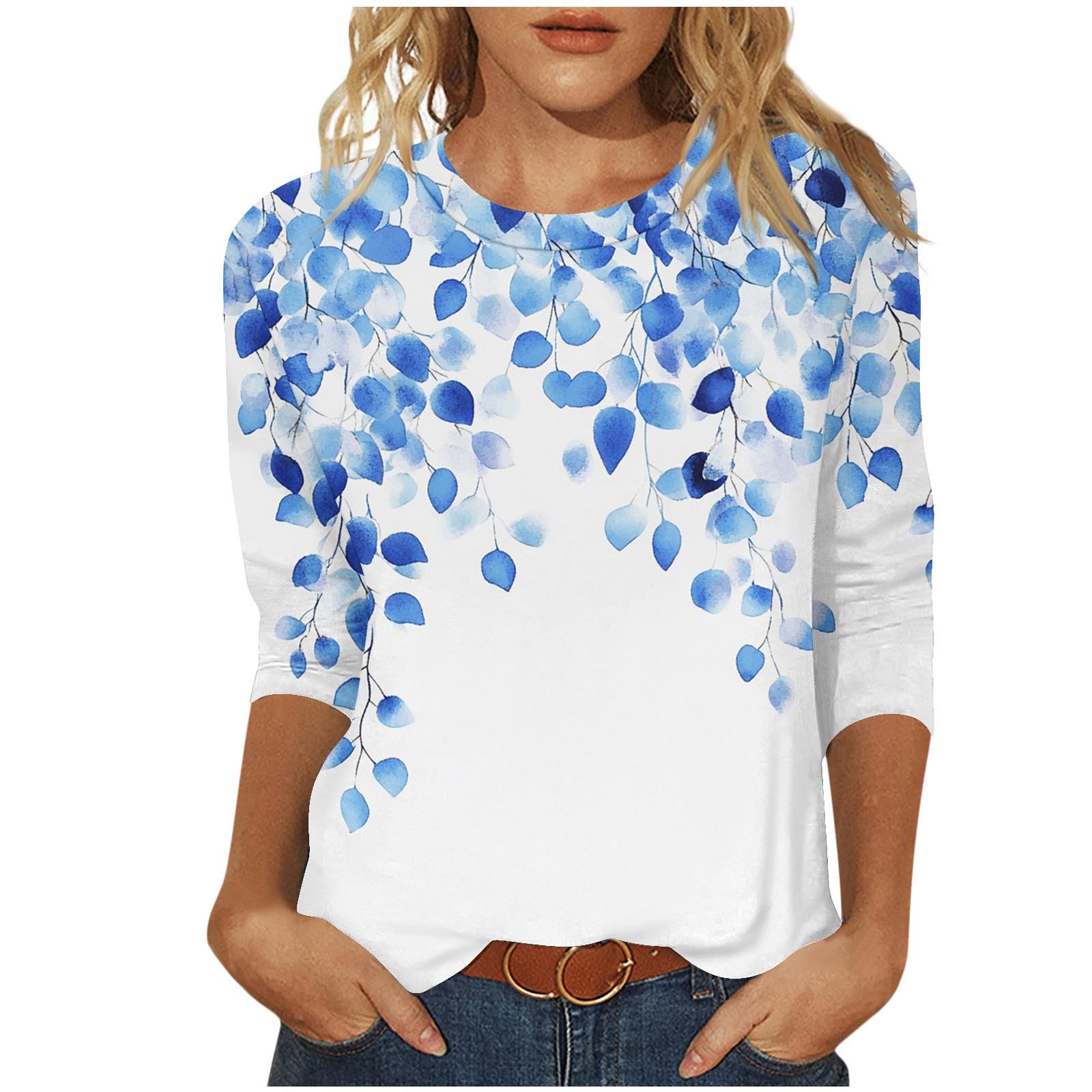 3/4 Length Sleeve Floral Printed Shirts Women's Casual 3/4 Sleeve T-Shirts 2025 Round Neck Tunic Tops Cute Basic Tees