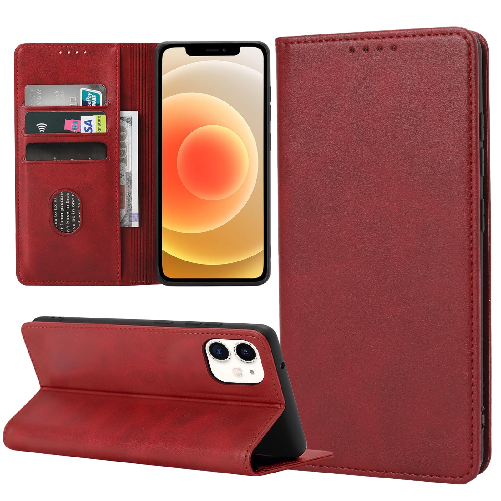 ZYIMOU Handyhülle für iPhone 12 Mini Hülle, Leder Schutzhülle Standfunktion Kartenfach Wallet Klapphülle iPhone 12 Mini Flip Case Cover, Rot