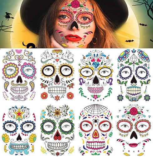 Adhesivo de tatuajes faciales de Halloween, 8 hojas de calavera de azúcar del día de los muertos, diseño floral, esqueleto negro, rosas rojas,