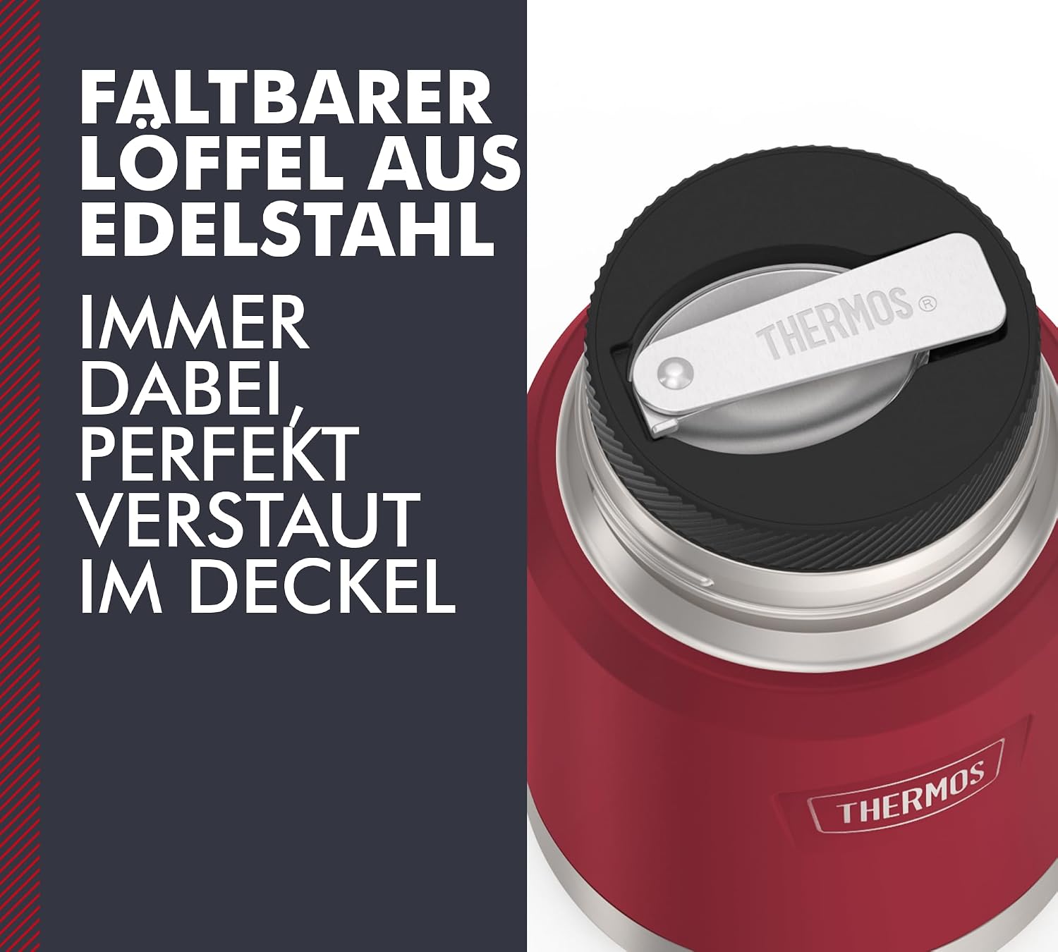 Thermos ICON Food Jar 0.47 L, Red/Wild Berry Matt, Food Jar 470 ml, Double-Walled 18/8 Stainless Steel, Keeps Warm and Cold, with Folding Spoon, Non-Slip Base, Completely Leak-Proof