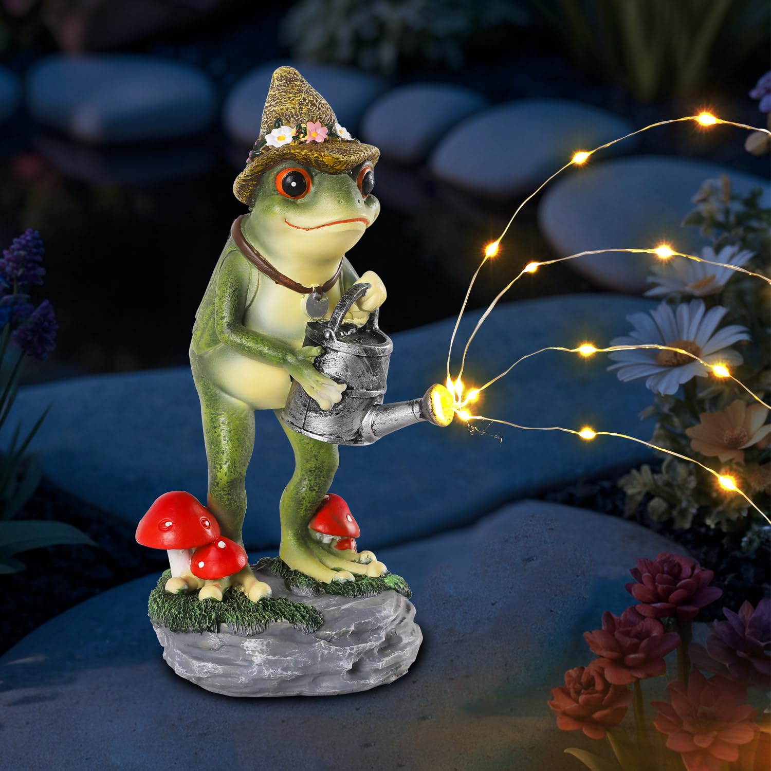 YHSOLAR Solar Frog Statue for Garden with Watering Can Light 8.8" Resin Frog Figurine Outdoor Patio Porch Yard Decor Unique Birthday Housewarming