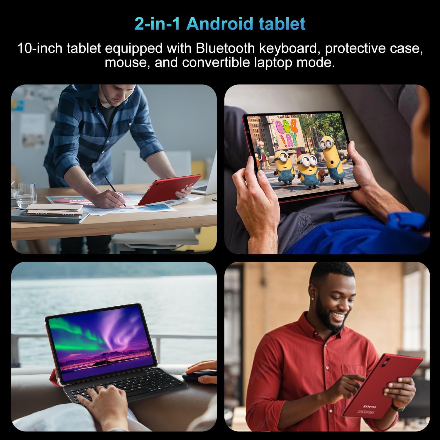 Tablet 10 Pulgadas 128 GB ROM–Ampliable hasta 2 TB, Android 15 con Gemini AI, 20 GB RAM, WiFi 6, Widevine L1, con Teclado, Ratón y Funda – Rojo 10