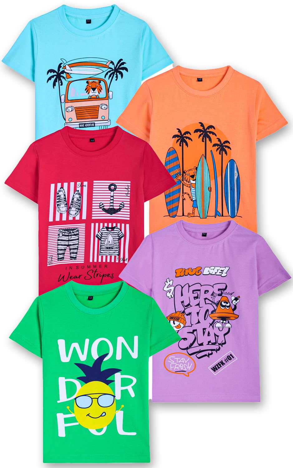 T2F T-Shirt für Jungen, Baumwolle, bedruckt, normale Passform, 5 Stück